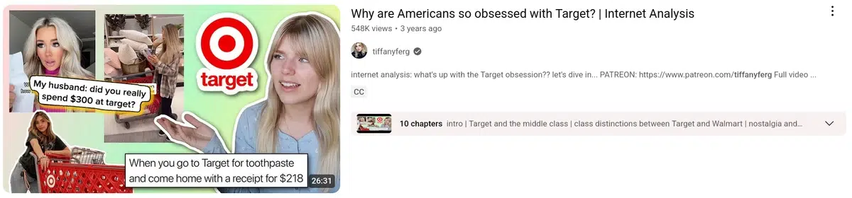 a youtube thumbnail with a collage of images including a woman talking, a target logo, and people shopping at target, with text overlays like "my husband, did you really spend $300 at target" and "when you go to target for toothpaste and come home with a receipt for $218", and the video title "why are americans so obsessed with target, internet analysis"