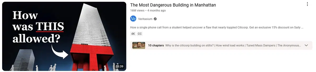 a youtube thumbnail showing a tall building with a red base and white upper section, with text "how was this allowed" and an arrow pointing to the building, and the video title "the most dangerous building in manhattan"