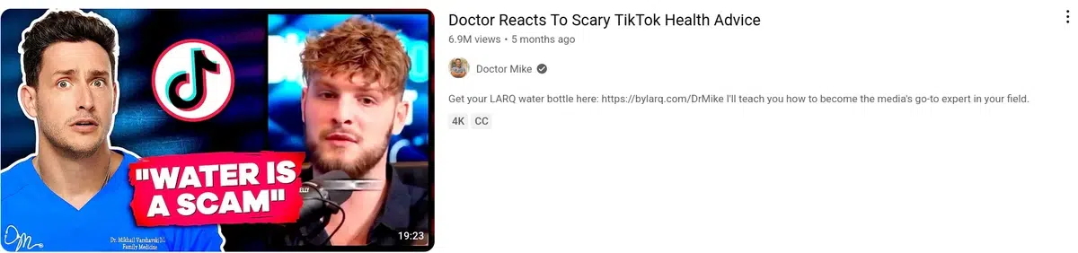 a youtube thumbnail featuring two men, one looking surprised and the other with a serious expression, next to a tiktok logo and text that reads "water is a scam", with the video title "doctor reacts to scary tiktok health advice".
