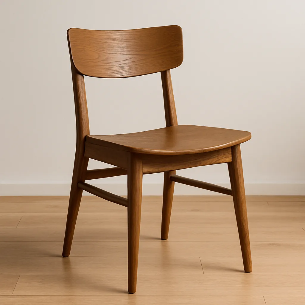 a minimalist wooden dining chair with a light brown finish, featuring a curved backrest and clean lines, standing on a light wood floor against a plain white wall