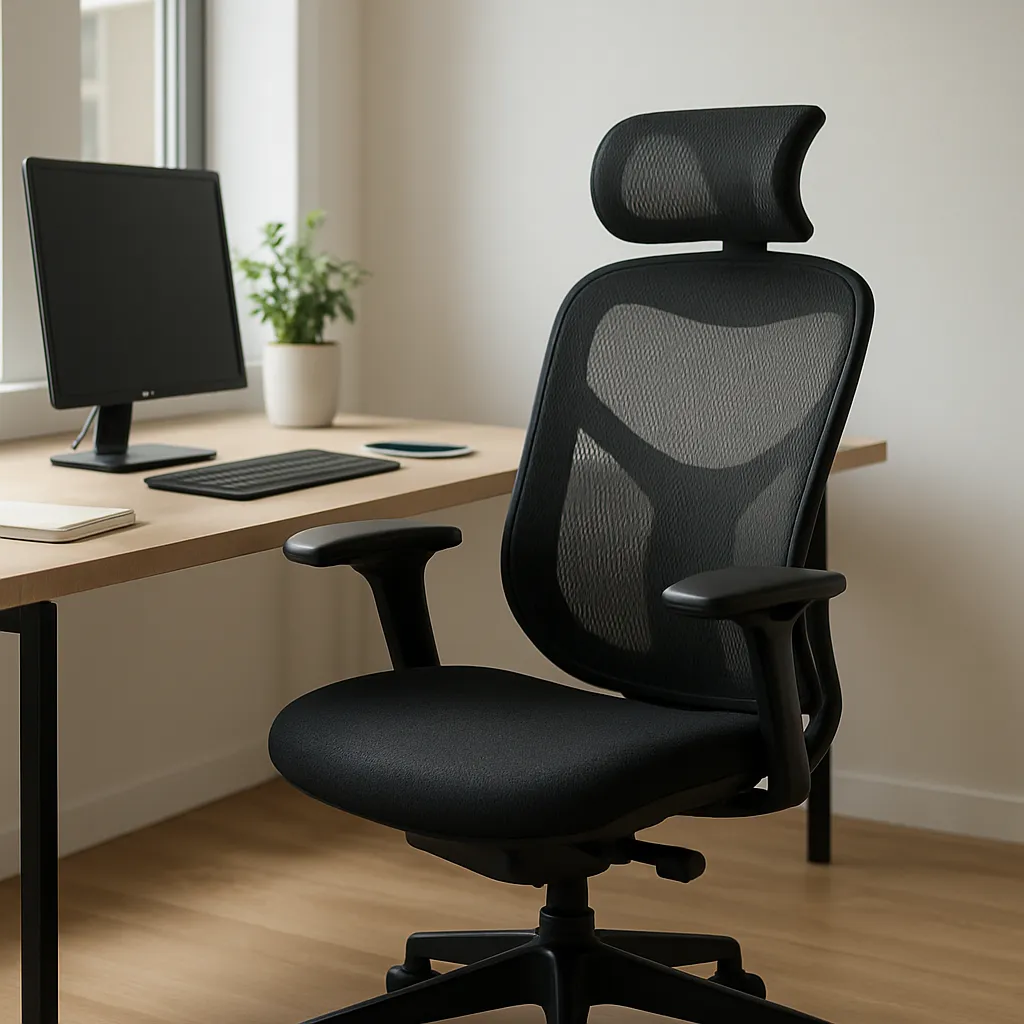 a modern black ergonomic office chair with a mesh back and headrest, positioned at a light wood desk next to a computer monitor and keyboard in a brightly lit room