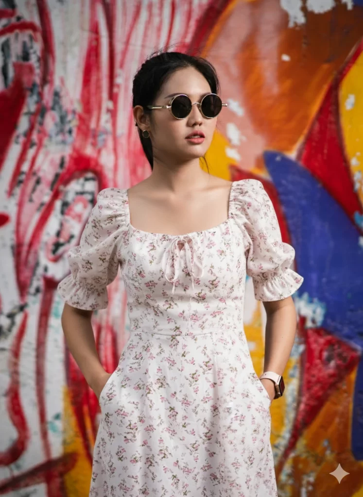 an asian woman wearing round sunglasses and a white floral dress with puff sleeves stands with her hands in her pockets in front of a vibrant, colorful graffiti wall