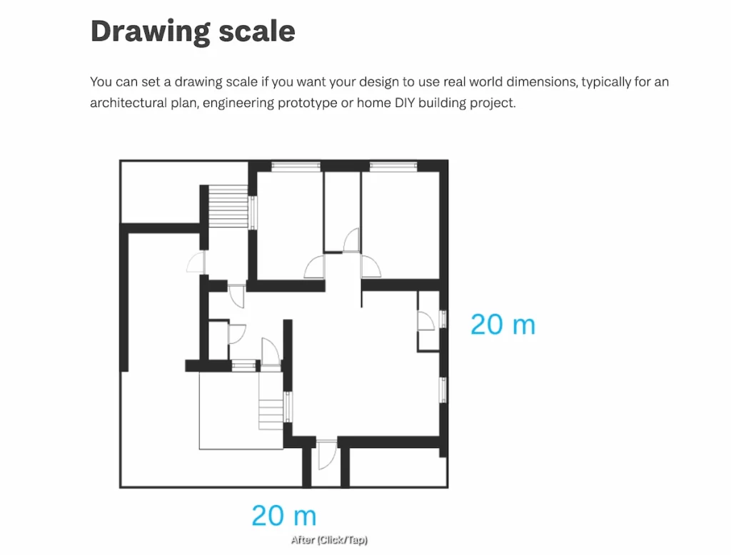 an architectural floor plan of a house used as an example of drawing scale, with dimensions labeled as 20 m on two sides to illustrate how to set real-world dimensions for a design project