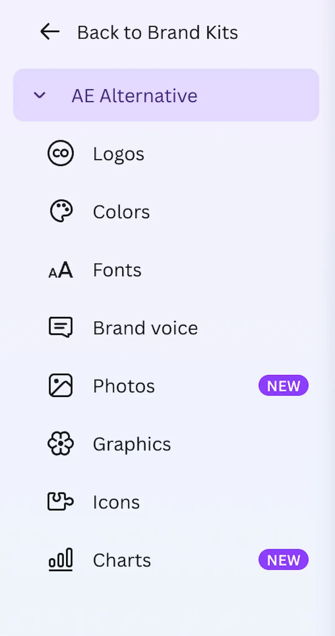 a screenshot of a design tool's brand kit menu showing options for logos, colors, fonts, brand voice, photos, graphics, icons, and charts, with 'new' tags next to photos and charts