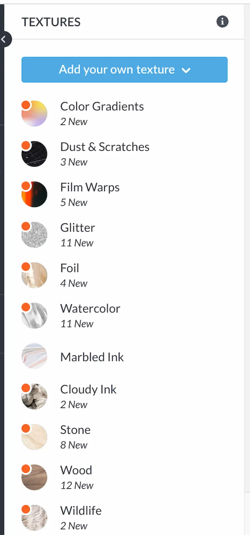 a screenshot of a design application's texture options menu, showing a list of textures including color gradients, dust and scratches, film warps, glitter, foil, watercolor, marbled ink, cloudy ink, stone, wood, and wildlife
