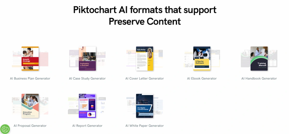 a gallery showcasing piktochart ai formats that support the preserve content feature, including templates for an ai business plan generator, ai case study generator, ai cover letter generator, ai ebook generator, ai handbook generator, ai proposal generator, ai report generator, and ai white paper generator