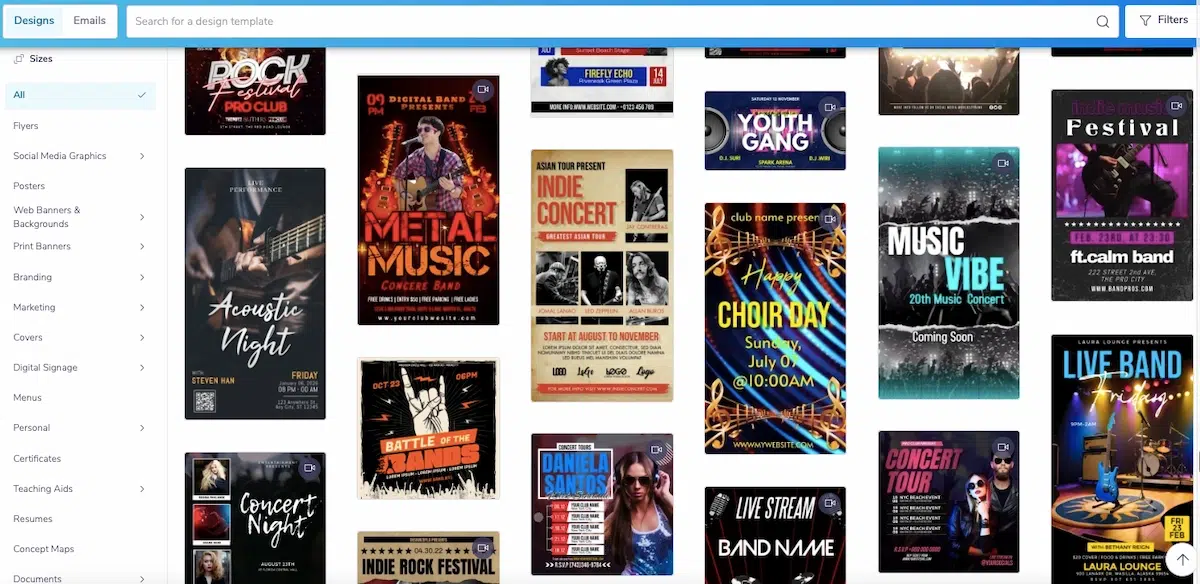 a screenshot of a design template library filled with various poster designs for music events like rock festivals, indie concerts, acoustic nights, metal shows, choir days, and live streams