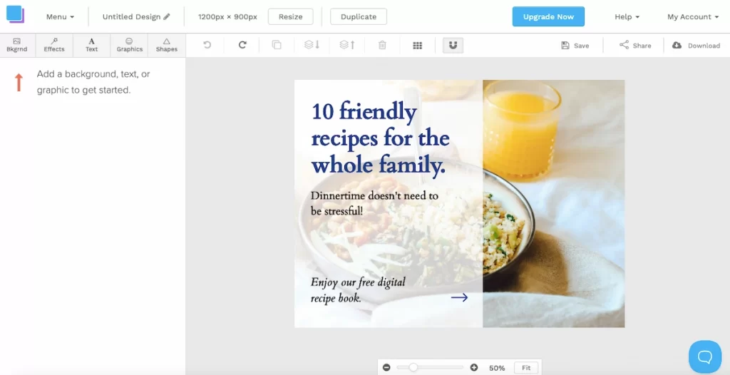 a screenshot of a graphic design editor, the left panel shows tools for background, effects, text, and graphics, while the main canvas displays a template for a recipe book cover with the title '10 friendly recipes for the whole family' over an image of a bowl of food and a glass of orange juice