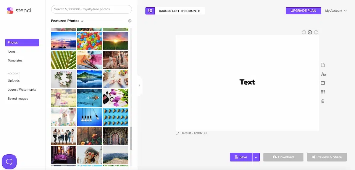a screenshot of the stencil design application, the left sidebar displays a large grid of featured royalty-free photos including sunsets, colorful candies, and flowers, the main canvas is blank with the word 'text' in the middle