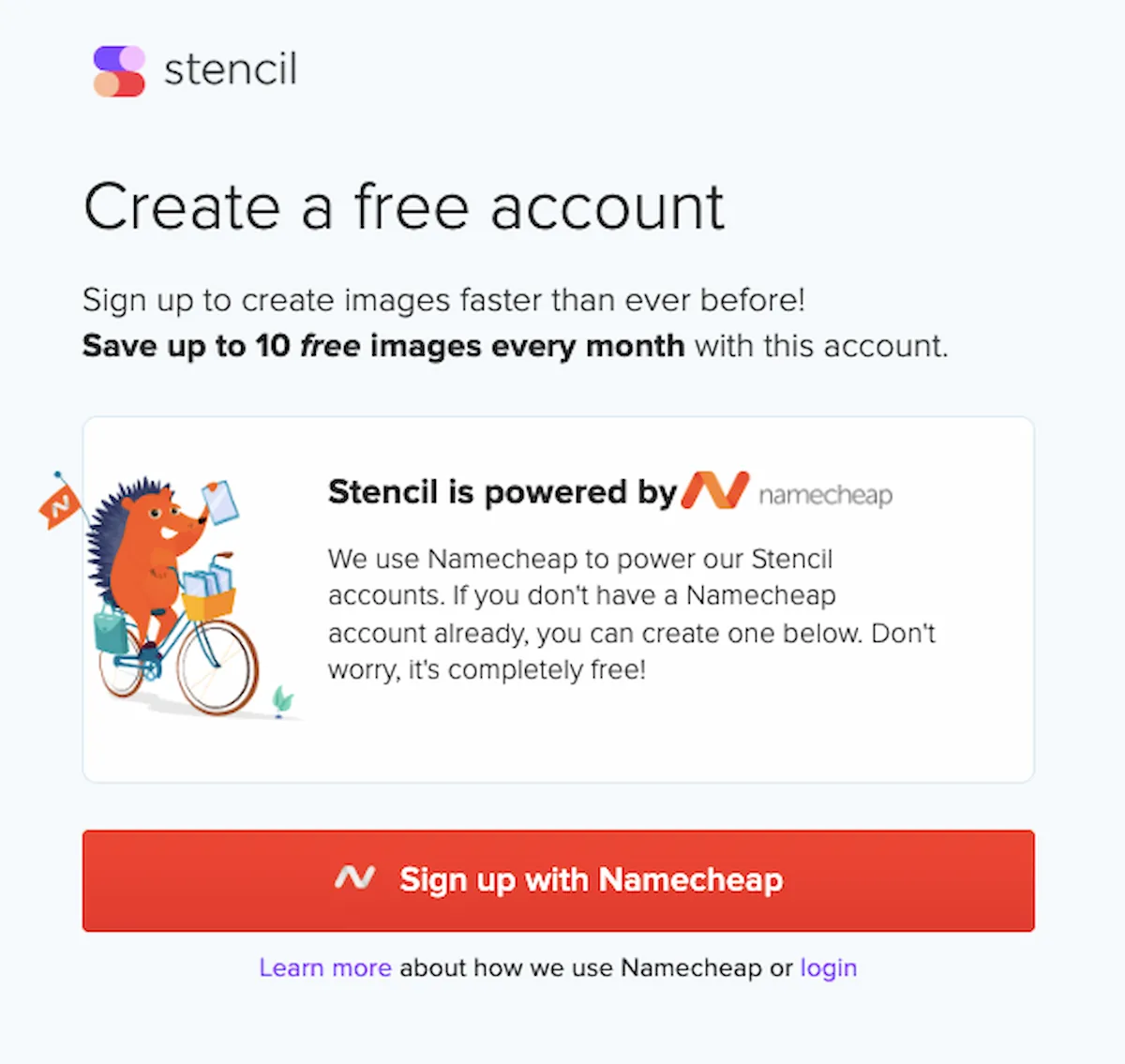 a screenshot of the stencil website's 'create a free account' page, it mentions saving up to 10 free images every month and shows that stencil is powered by namecheap, featuring an illustration of a hedgehog on a bicycle