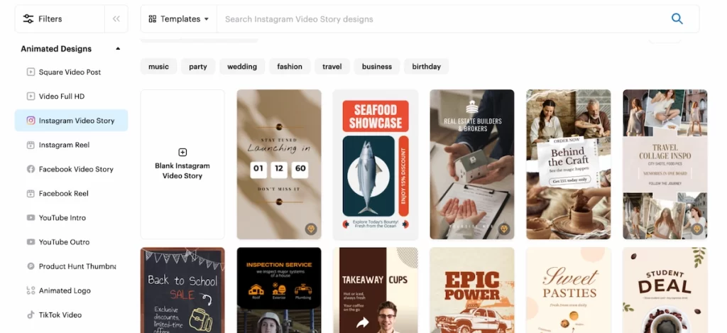 a screenshot of a design template library showing various animated instagram video story designs for topics like music, party, wedding, fashion, travel, business, and birthday, with examples for a seafood showcase, real estate, and a student deal