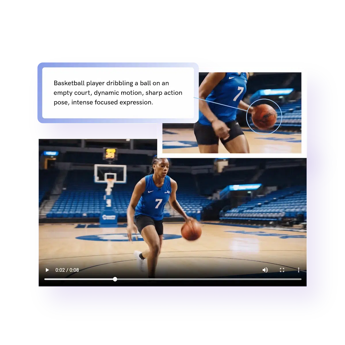 basketball training video generated by veo 3.1 showing female athlete in blue jersey dribbling on court with video timeline controls and detailed motion capture highlighting advanced sports video generation capabilities