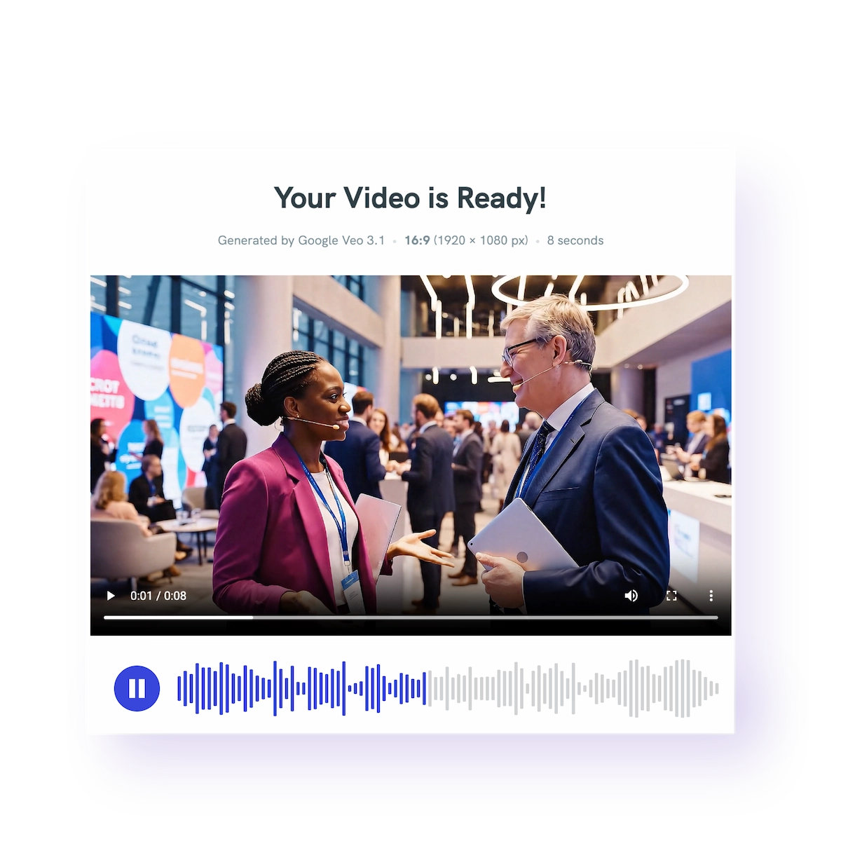 finished veo 3.1 generated video featuring professional networking scene with woman in purple blazer and man in suit at corporate conference with audio waveform visualization and playback controls