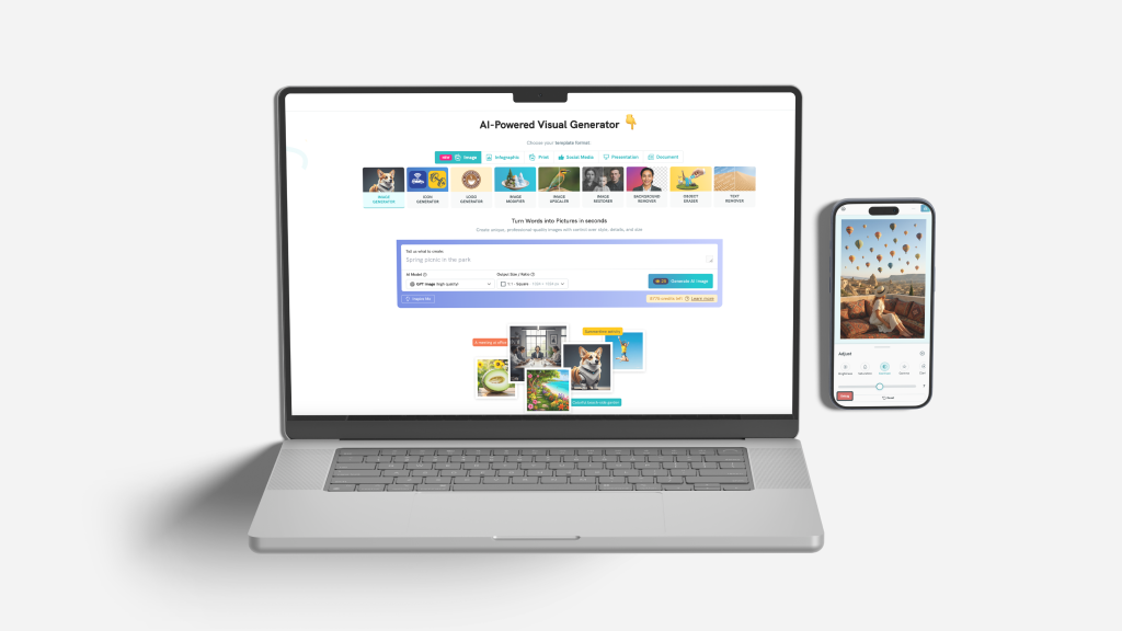 studio shot of an open silver laptop and a smartphone placed side by side on a plain white background, the laptop screen displays the ai-powered visual generator interface with options for creating images icons and logos, the smartphone screen to the right shows the mobile photo editing tool with adjustment sliders and a travel photo