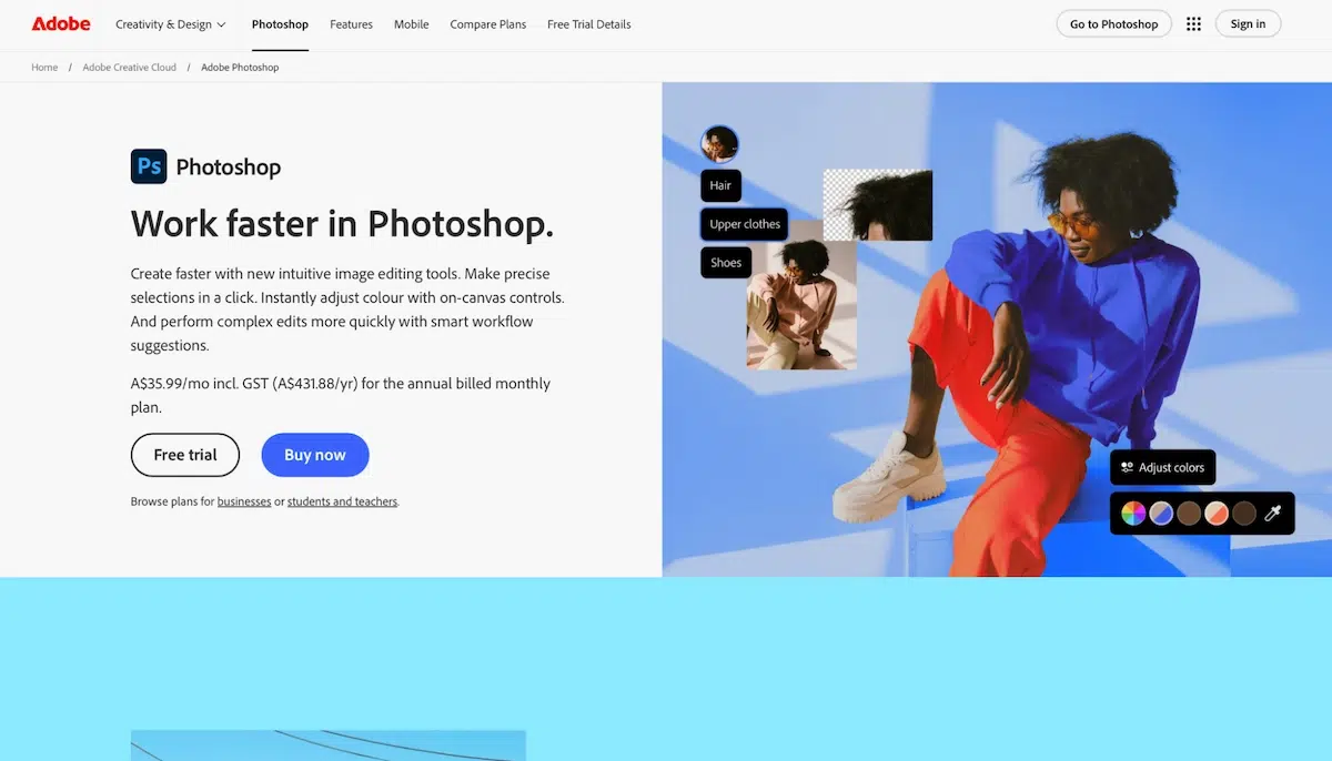 adobe photoshop product page displaying the slogan work faster in photoshop next to an image of a model with floating labels identifying hair upper clothes and shoes to demonstrate smart selection tools