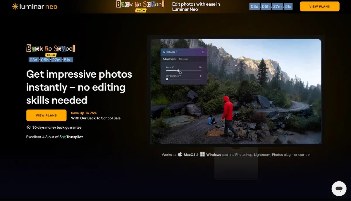 website homepage for luminar neo photo editing software featuring a back to school sale banner and a demonstration of ai enhancement sliders adjusting a landscape photo of a hiker in the mountains