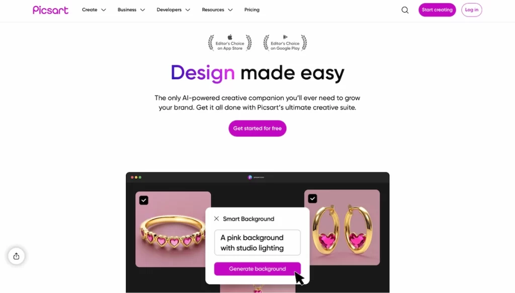 picsart website homepage featuring the slogan design made easy and a graphic demonstrating the smart background ai tool generating a pink studio background for a gold ring product photo