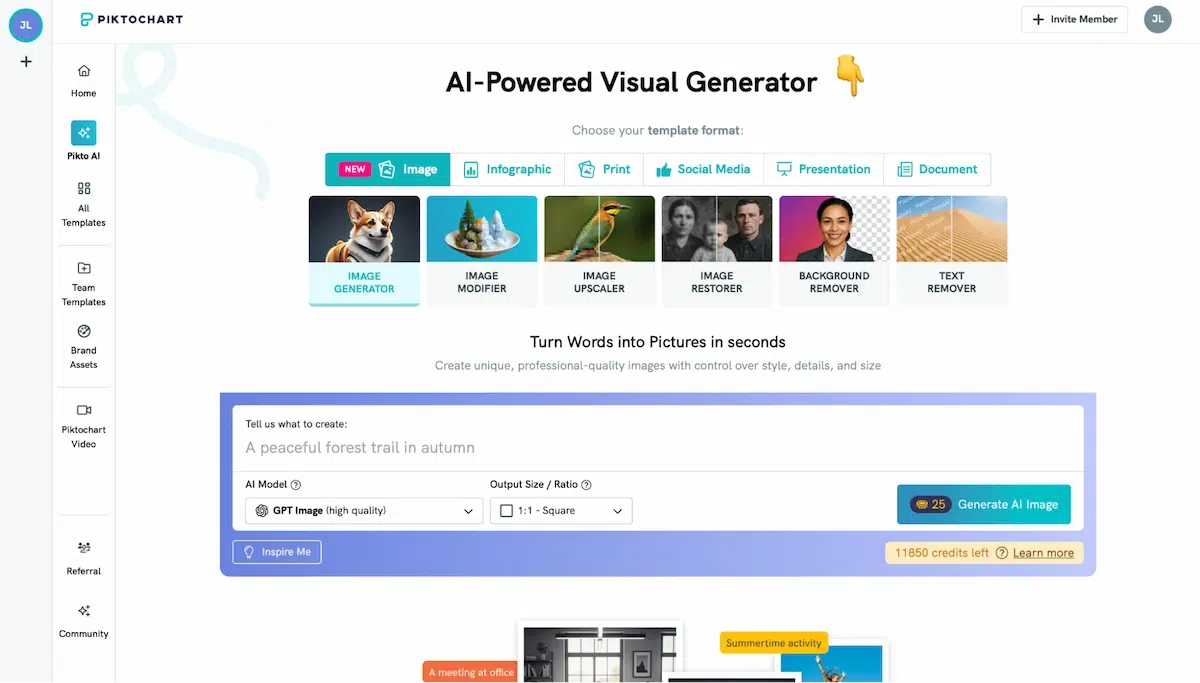piktochart ai powered visual generator dashboard allowing users to choose template formats like image or infographic with a text prompt box containing the example a peaceful forest trail in autumn