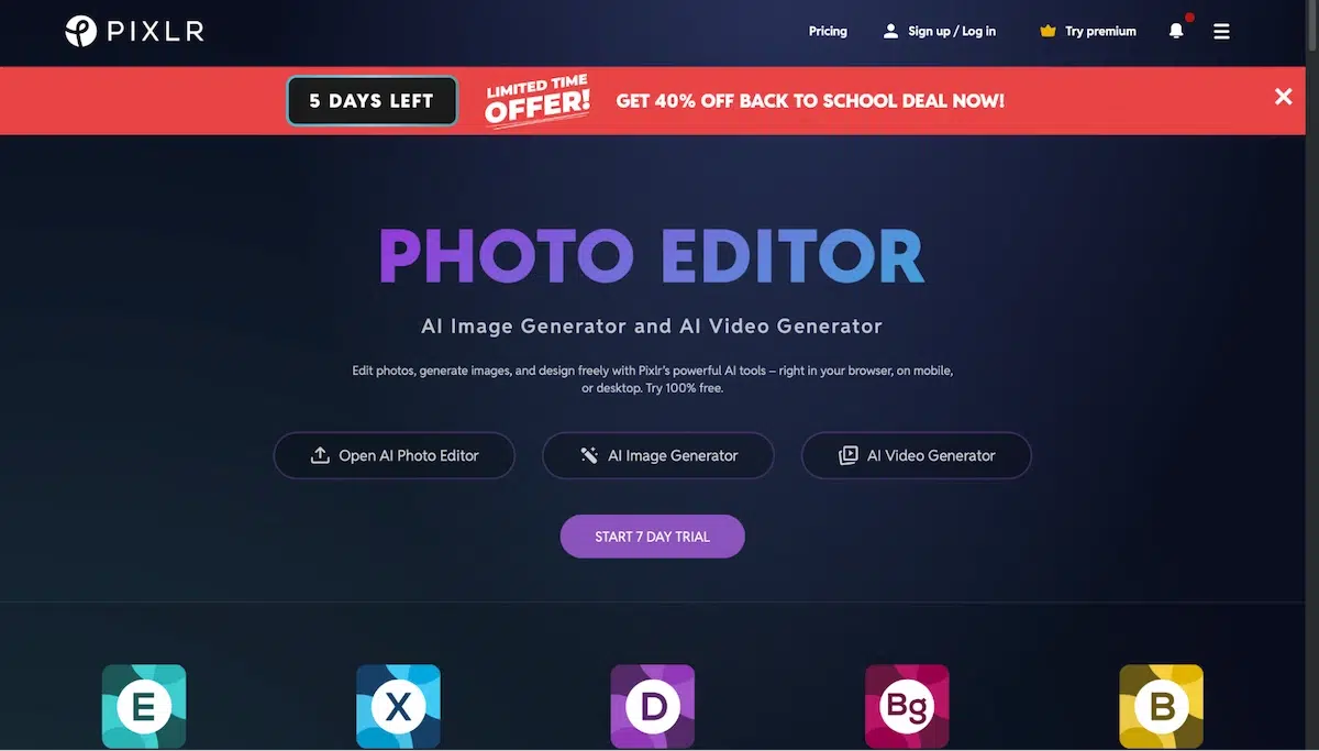 pixlr website homepage displaying a limited time offer banner at the top and central text promoting their photo editor ai image generator and ai video generator tools along with buttons to launch specific features