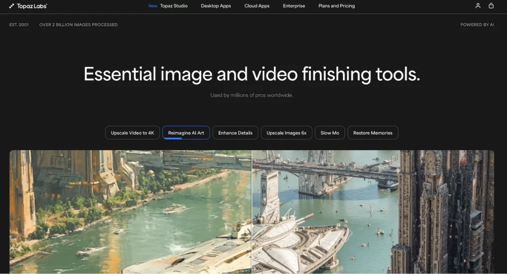topaz labs website homepage with the headline essential image and video finishing tools above a split comparison image showing a blurry painting style on the left and a sharp detailed sci fi city on the right