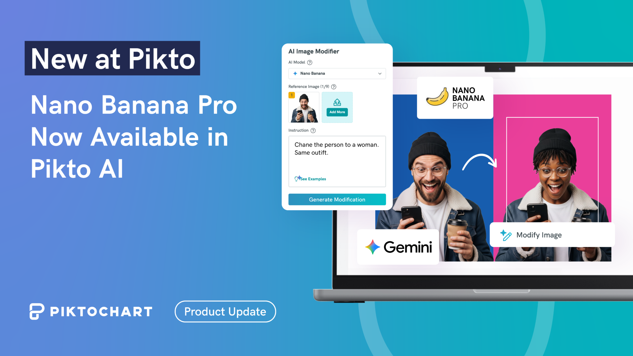 featured image of nano banana pro, blue background, man holding coffee and on phone next to image of woman holding coffee and phone