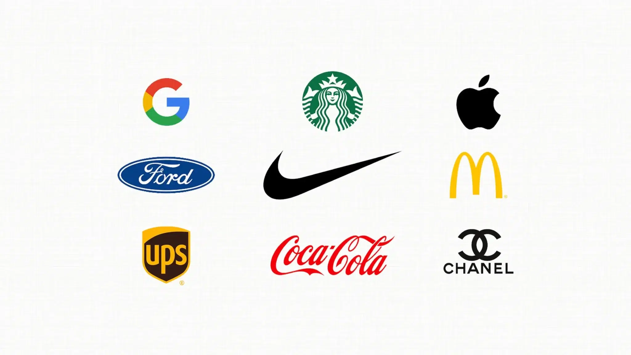 a collection of nine well-known logos including google, starbucks, apple, ford, nike, mcdonalds, ups, coca-cola, and chanel are arranged in a grid on a textured white background, showcasing diverse design styles