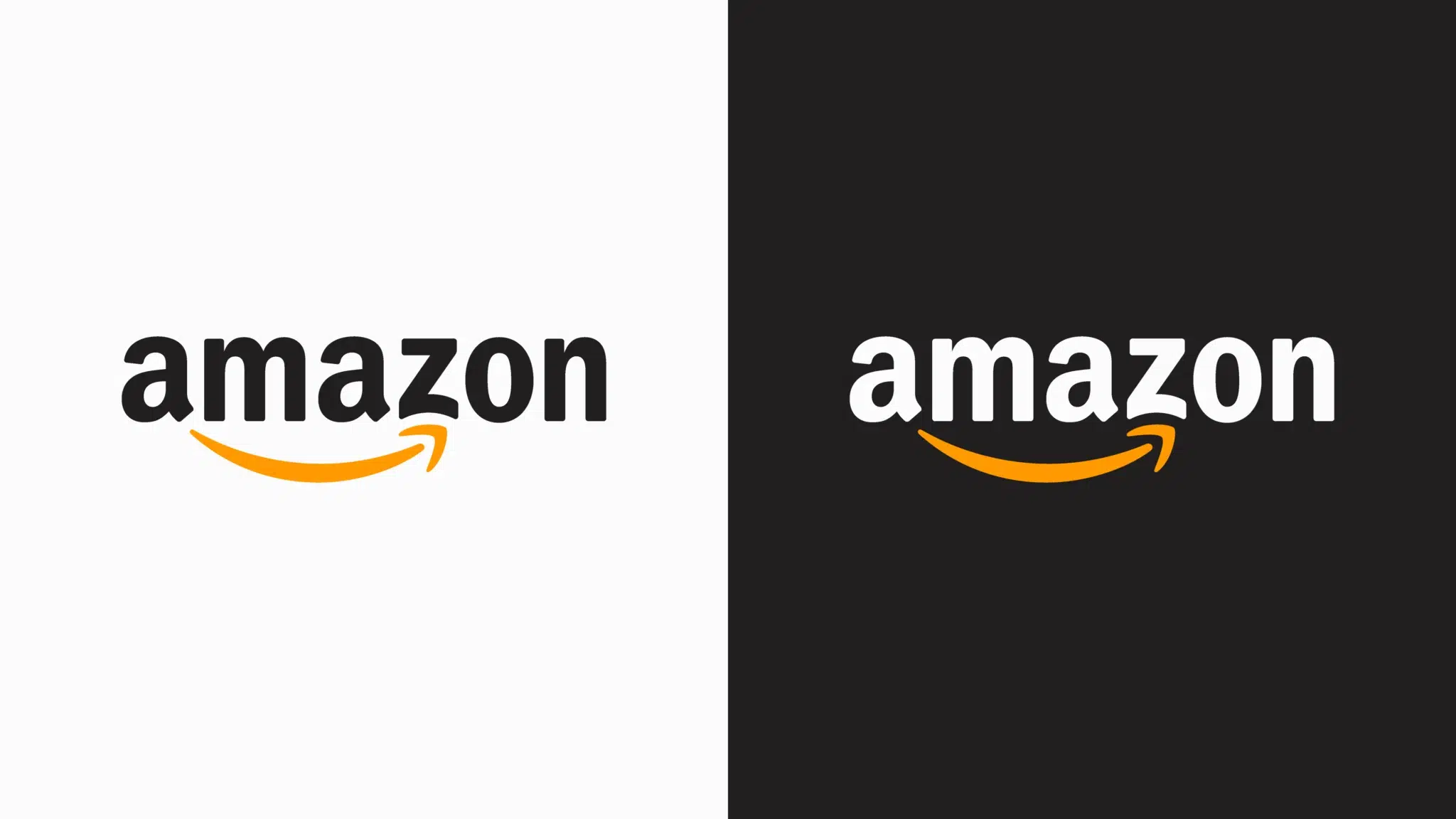 the amazon logo is displayed twice, once on a white background and once on a black background, featuring the lowercase wordmark with a curved orange arrow pointing from the a to the z to represent a smile