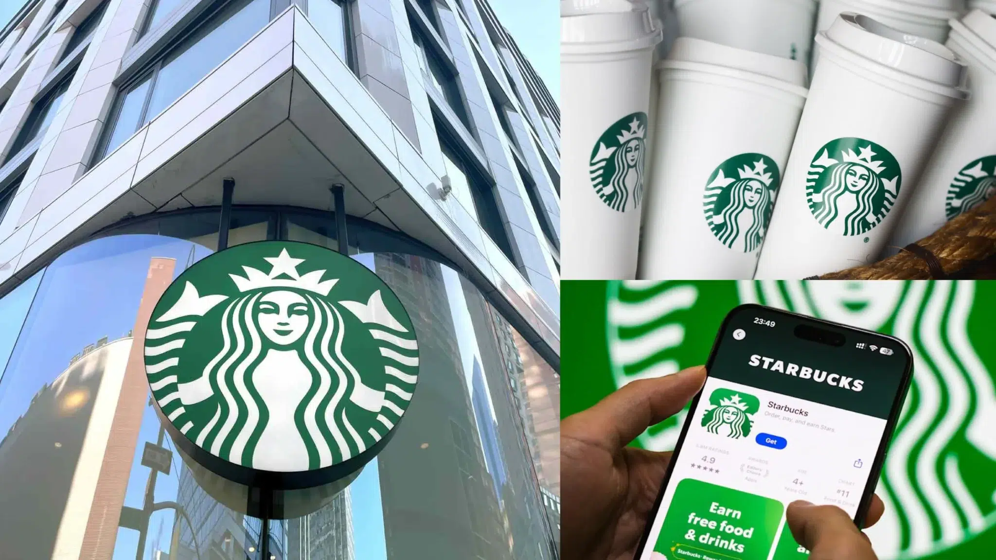 a collage showing the starbucks siren logo on a modern building facade, on white coffee cups, and on a smartphone screen displaying the mobile app, illustrating consistent brand application
