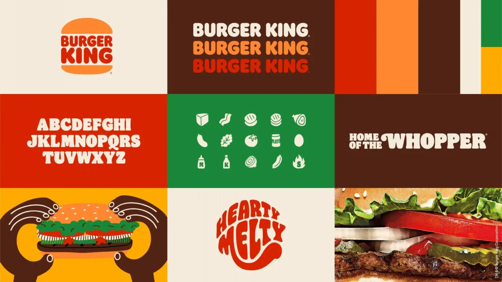 a comprehensive brand sheet for burger king featuring the logo, color palette, typography, icons, and food photography, demonstrating a cohesive visual identity system