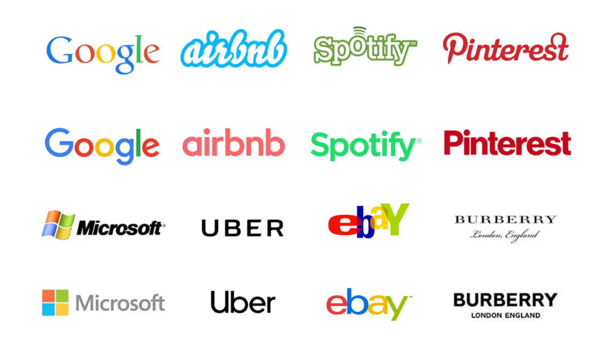 a series of before and after logo designs for companies like google, airbnb, spotify, pinterest, microsoft, uber, ebay, and burberry, highlighting the shift toward simpler and more modern aesthetics