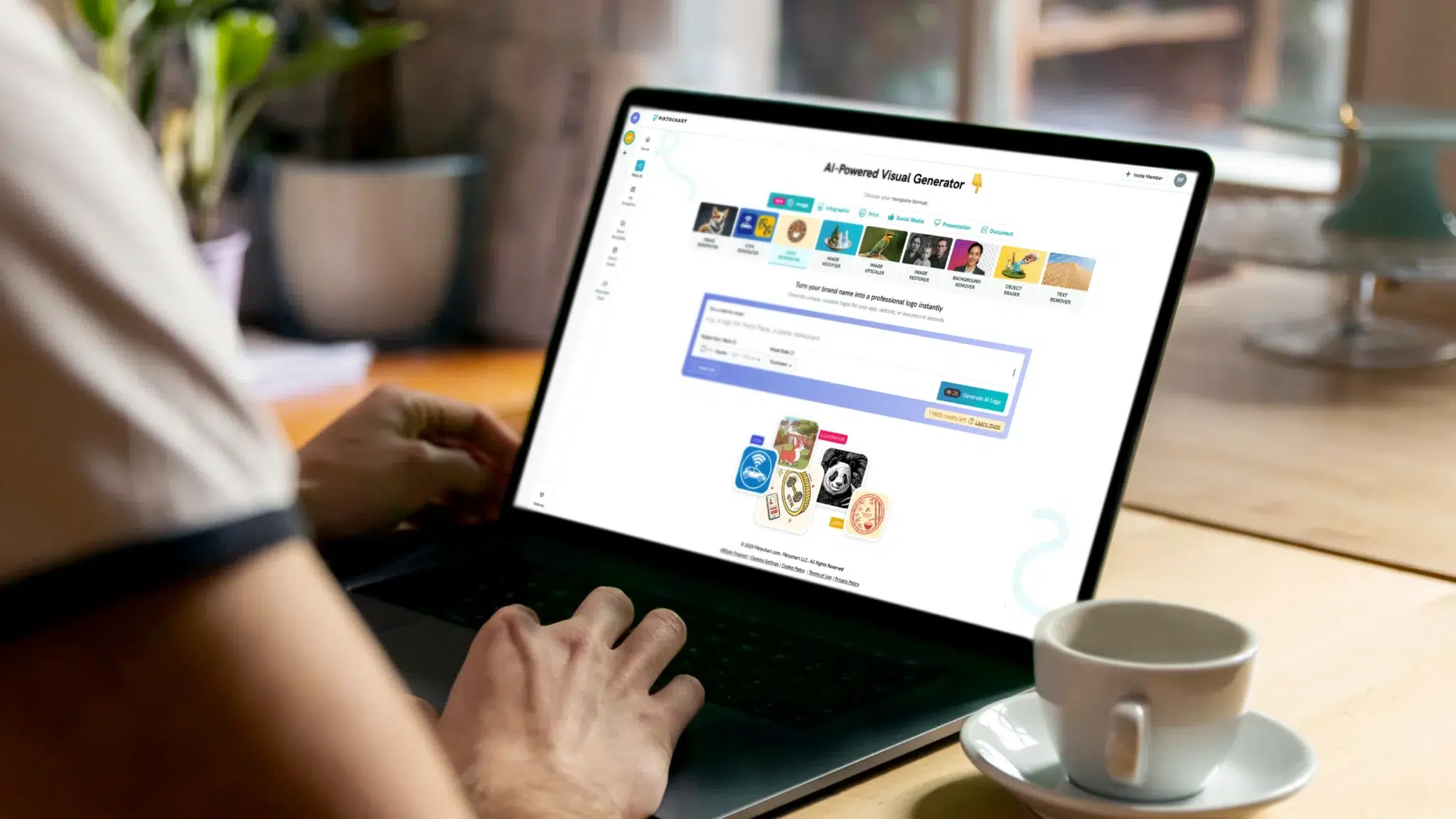 a person is using a laptop to access an ai-powered visual generator tool on a website, with the screen displaying options for creating custom logos and other visual assets