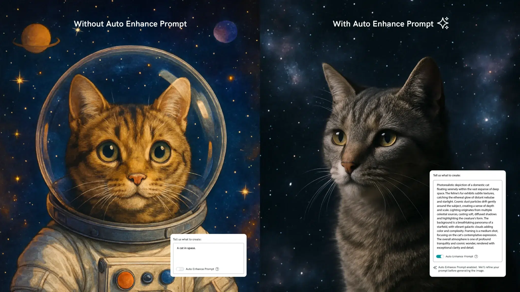 a split-screen comparison image set against a dark starfield background, the left side is labeled "without auto enhance prompt" and features an illustrated orange tabby cat wearing a glass astronaut helmet and spacesuit, surrounded by stars, a ringed planet, and a moon, with a simple prompt input box reading "a cat in space" and the auto enhance prompt toggle switched off, the right side is labeled "with auto enhance prompt" and shows a photorealistic close-up of a grey tabby cat with golden eyes gazing into the distance, set against a breathtaking cosmic backdrop of nebulae and star clusters, accompanied by a detailed ai-generated prompt description in a white ui panel, with the auto enhance prompt toggle switched on