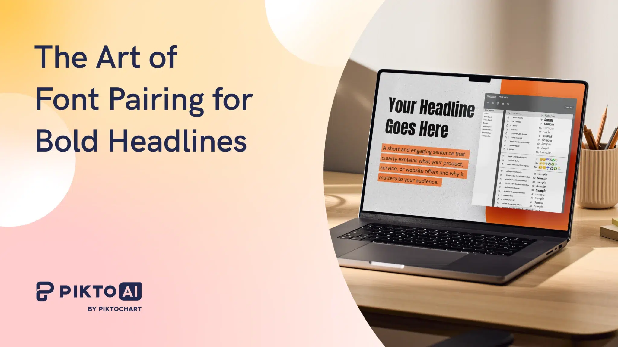 a graphic featuring the title the art of font pairing for bold headlines, a laptop sits on a desk displaying a font selection menu on its screen, the background has a soft gradient of yellow and white, the logo for pikto ai by piktochart is visible in the bottom left corner