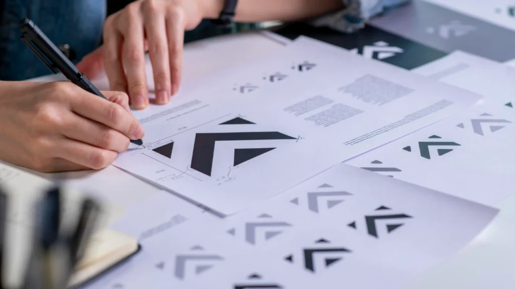 a close-up of hands holding a pen over a spread of printed papers on a white desk, each sheet showing different versions of a bold geometric logo made from triangular arrow shapes in black, ranging from large structured compositions to smaller simplified marks