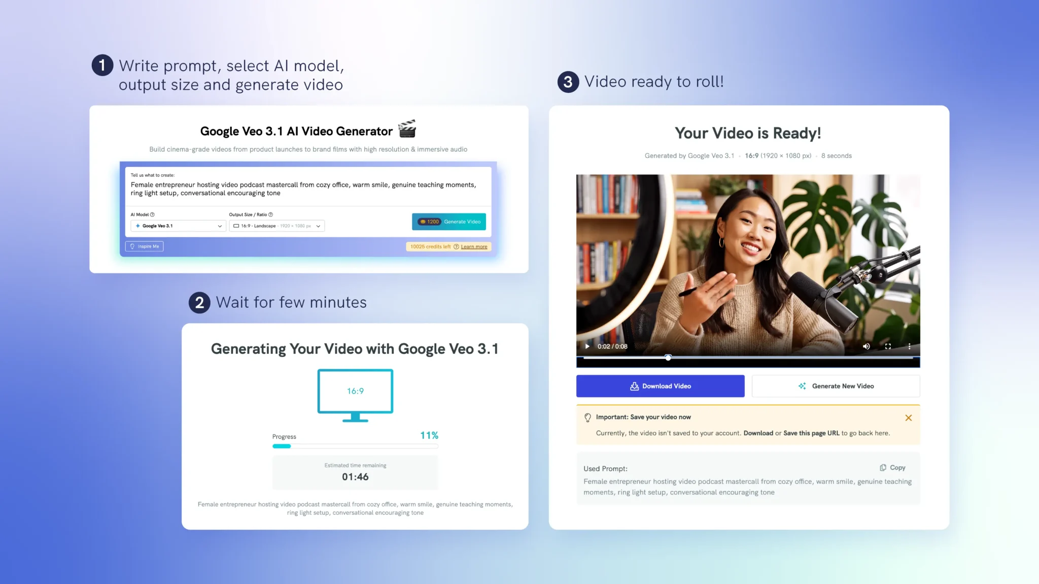 a side-by-side instructional layout showing three numbered steps for generating an ai video on piktochart, step one on the upper left shows the video generator interface with a text prompt, an ai model set to google veo 3,1, and a generate video button, step two on the lower left shows a video generation progress screen with a 16,9 aspect ratio monitor icon, an 11 percent progress bar, and an estimated time of 1 minute and 46 seconds remaining, step three on the right shows the completed video of a smiling young woman with long dark hair seated in front of a ring light and microphone in a cozy office setting, below the video are a blue download video button and a generate new video button alongside a prompt to save the video and the original text prompt used