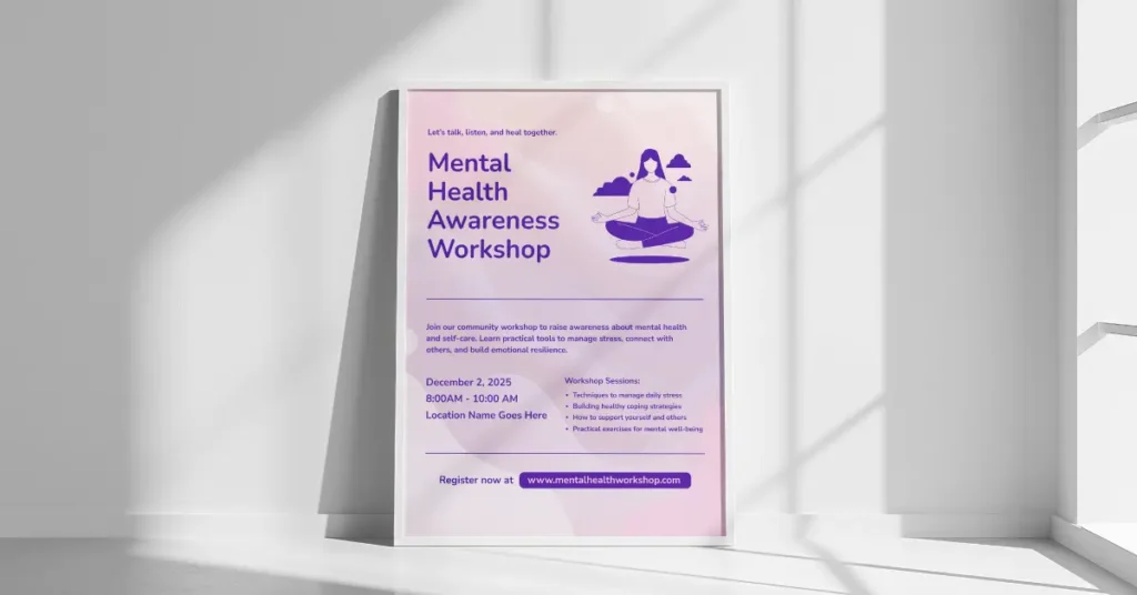framed school wellness poster titled mental health awareness workshop in soft lavender and pink featuring an illustration of a person meditating in lotus pose alongside workshop session details, a date, a location, and a registration link