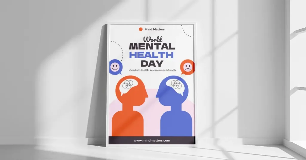 framed awareness campaign poster titled world mental health day from mind matters showing two facing silhouettes in orange and blue with tangled lines inside their brains and small smiling and frowning speech bubbles on a soft white and pink background