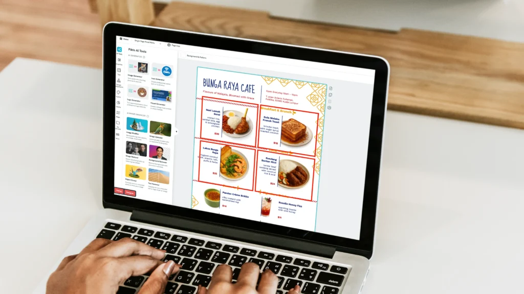 computer screen showing design software with a diner menu titled elysian diner, the menu has a checkered border and lists breakfast and burger options, a panel on the left displays various color schemes