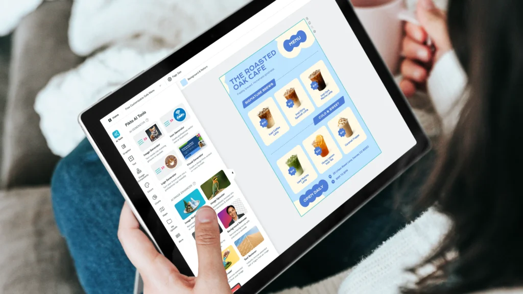 hands holding a tablet that displays an ai powered design tool, the screen shows a cafe menu titled the roasted oak cafe with various iced coffee and beverage options, the interface includes panels for ai image generation tools