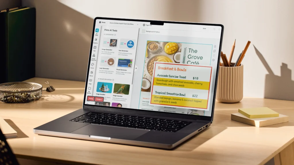 a person using a laptop on a wooden surface, the screen displays a restaurant menu design tool for a cafe called bunga raya cafe, the menu lists various local malaysian dishes and prices, the sidebar shows ai image enhancement tools