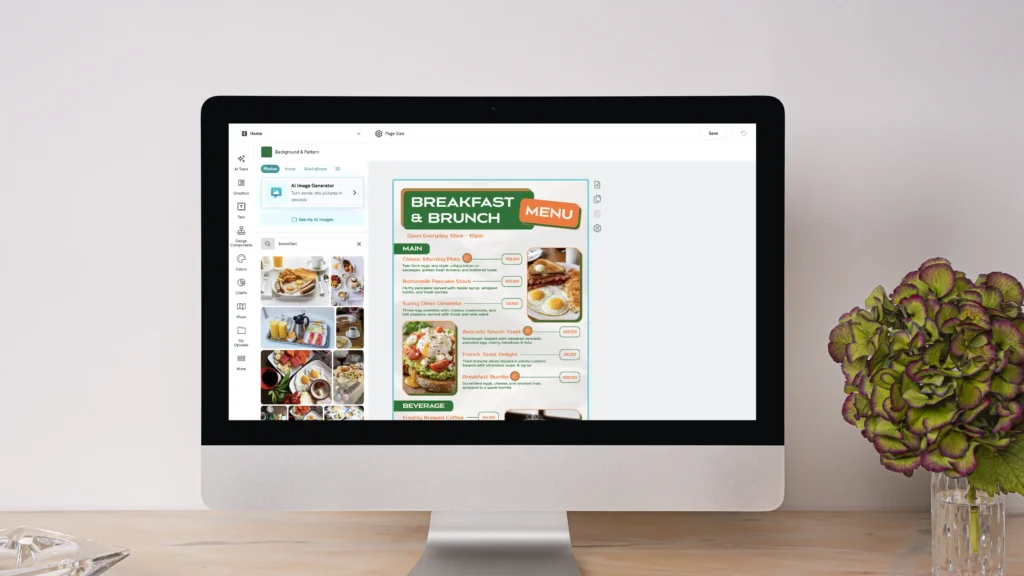 a computer monitor sits on a desk with a decorative plant next to it, the screen shows a software interface for designing a breakfast and brunch menu, the menu includes a variety of food photos and lists dishes such as classic morning plate and avocado smash toast, the sidebar shows search results for breakfast related photos
