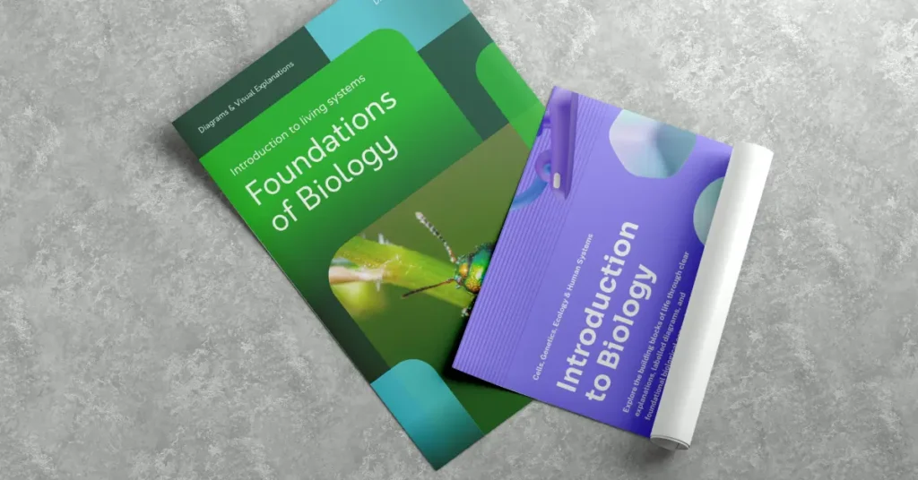 two biology themed research template posters featuring green and purple designs on a grey textured background