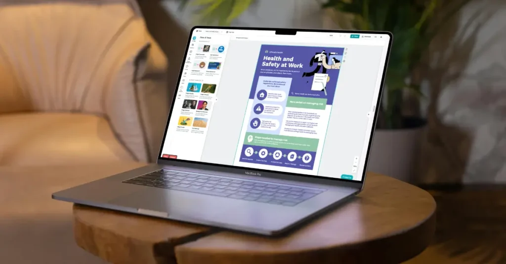 a laptop screen showing a health and safety infographic being edited with research template posters