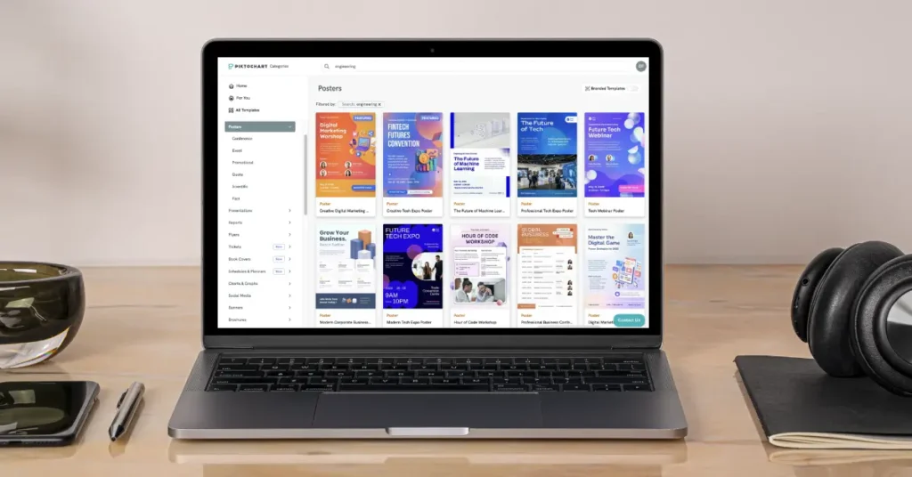 laptop screen showing a variety of professional research template posters available for design projects