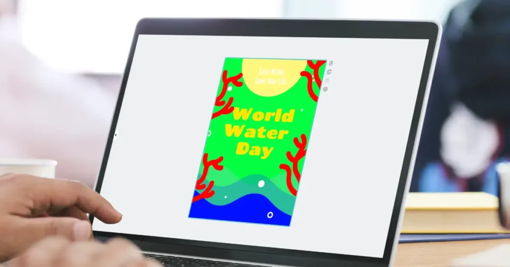 a laptop screen showing a world water day poster design that can be used as one of many research template posters, an example of a badly made poster