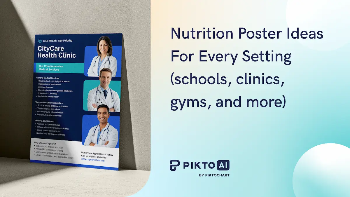 a horizontal featured image with a soft gradient background blending warm beige on the upper left into a light mint and aqua teal on the right, the left half of the image shows a printed poster mockup propped at a slight angle against a textured grey wall and resting on a light stone surface, the poster is designed for a fictional health clinic called citycare health clinic and features a dark navy blue background with a teal accent banner, three portrait photographs of smiling medical professionals in white lab coats with stethoscopes are stacked vertically on the right column of the poster, the left column contains the clinic name in bold white text, a tagline reading your health, our priority, and three bulleted service sections covering general medical services, vaccination and preventive care, and family and child health, a white footer on the poster includes a call to action to book an appointment with a phone number and a fictional website url, the right half of the featured image displays large bold dark navy text reading nutrition poster ideas for every setting followed by the words schools, clinics, gyms, and more in parentheses, in the lower right corner the pikto ai by piktochart logo appears in dark navy with the stylised p icon beside it, a large decorative white curved circle shape is partially visible behind the logo in the bottom right corner