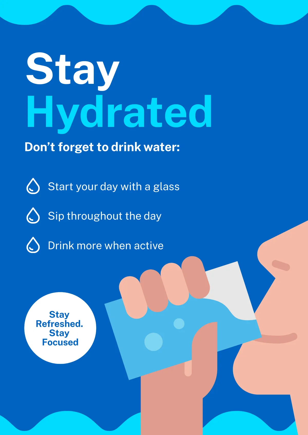 a clean minimalist hydration poster on a vivid royal blue background with a decorative wavy cyan border along the top edge, the upper left contains large white text reading stay with the word hydrated directly below it rendered in bright cyan creating a two-tone typographic pairing, a bold white subheading reads dont forget to drink water followed by three bullet points using water droplet outline icons, the three reminders are start your day with a glass, sip throughout the day, and drink more when active, the right side of the poster features a large flat illustrated graphic of a light-skinned hand gripping a pale blue drinking glass and tilting it toward an illustrated mouth suggesting active drinking, in the lower left a white circle with a dark blue border contains the message stay refreshed, stay focused in dark bold text