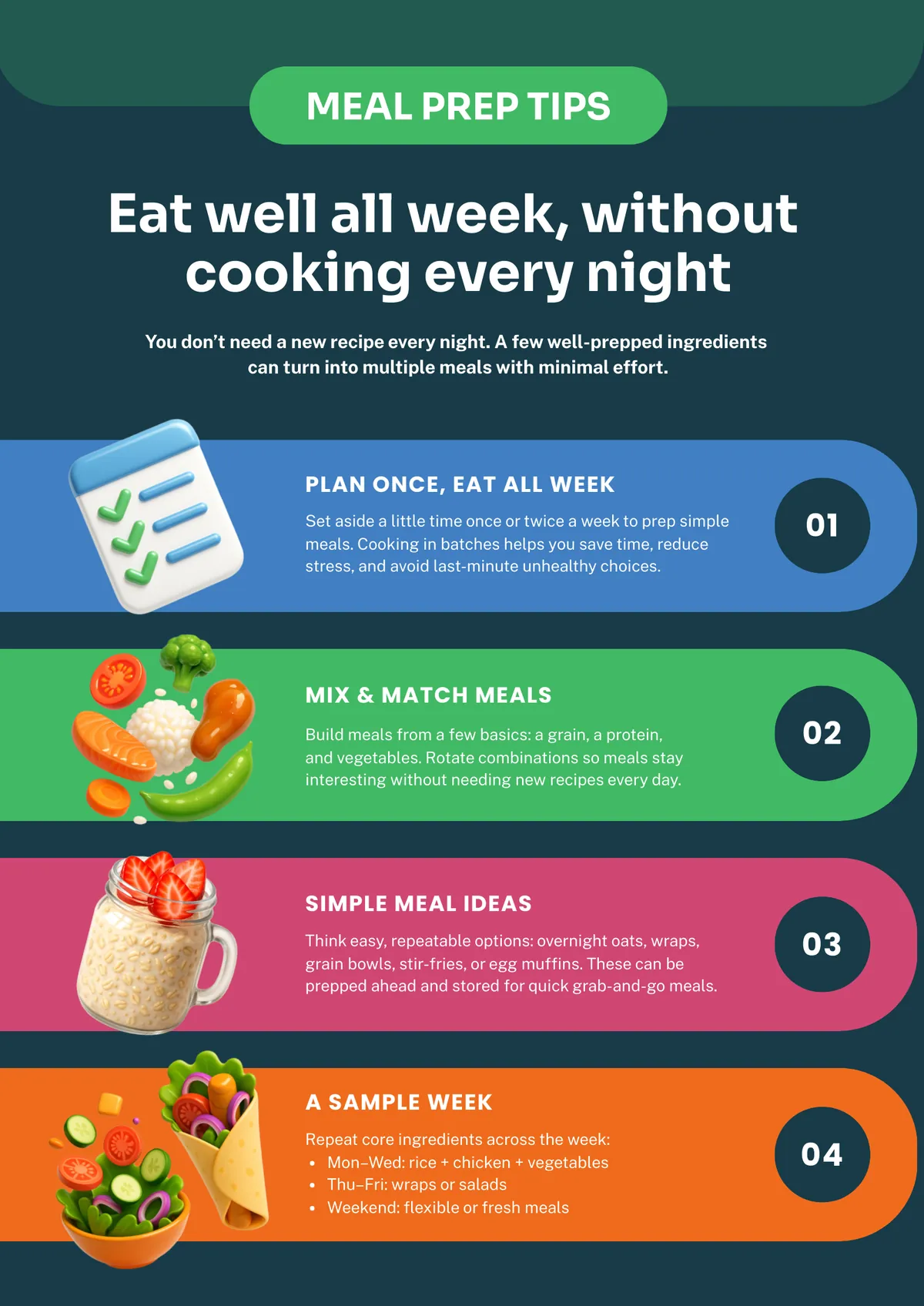 a vertical informational poster set against a very dark teal and near-black background, a small green rounded pill at the very top reads meal prep tips in white uppercase text, a large white bold headline below reads eat well all week without cooking every night, a smaller white subheading explains that a few well-prepped ingredients can produce multiple meals with minimal effort, the body is divided into four horizontal banner rows each in a distinct colour, the first is blue with a three-dimensional clipboard and checklist icon and text for plan once, eat all week, the second is green with a flying ingredient arrangement and text for mix and match meals, the third is magenta pink with a mason jar of overnight oats and text for simple meal ideas, the fourth is orange with a colourful wrap salad bowl and text for a sample week, each row includes a circular dark number badge on the far right indicating the step number, and the fourth row includes a bullet list of sample daily meal combinations