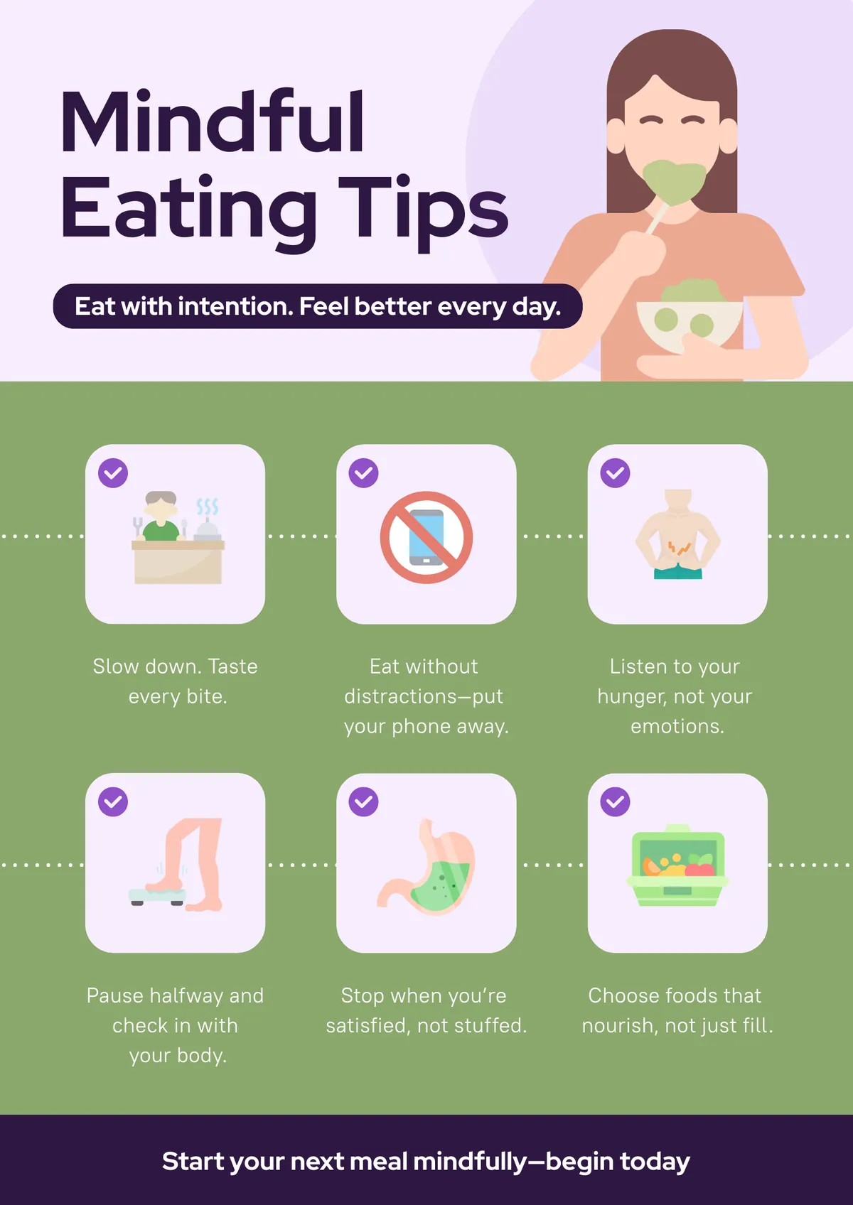 a portrait poster divided into a soft lavender purple upper section and an earthy olive green lower section, the upper left displays bold dark navy text reading mindful eating tips in a large display typeface, a dark navy pill-shaped banner beneath it reads eat with intention, feel better every day, the upper right features a flat illustrated woman with long brown hair sitting and eating from a small green bowl using a spoon with a calm expression, the lower olive green section contains six white rounded cards arranged in two rows of three, each card includes a small purple checkmark badge in its upper left corner and a flat vector illustration depicting the tip, the six mindful eating tips are slow down and taste every bite, eat without distractions and put your phone away, listen to your hunger not your emotions, pause halfway and check in with your body, stop when youre satisfied not stuffed, and choose foods that nourish not just fill, a dark navy footer strip at the bottom reads start your next meal mindfully, begin today