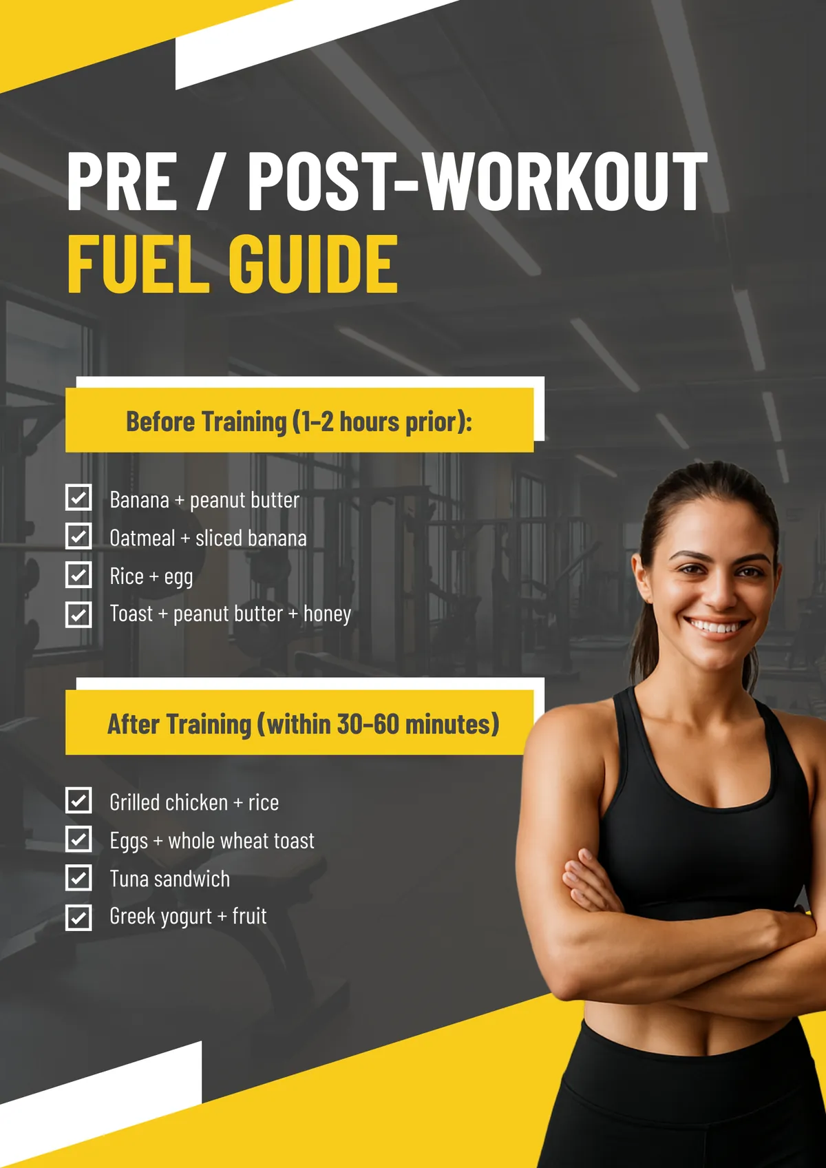 a bold fitness nutrition poster with a dark charcoal background and diagonal yellow and white geometric accents at the corners, the headline reads pre slash post-workout fuel guide in large white and yellow bold lettering, two yellow rectangular banners divide the content, the first labeled before training one to two hours prior includes a four-item checklist with options like banana and peanut butter and oatmeal and sliced banana, the second banner reads after training within thirty to sixty minutes and lists meals such as grilled chicken and rice and greek yogurt and fruit, each item is marked with a yellow checkbox icon, a woman with dark hair tied back stands on the right side wearing a black sports bra and leggings with her arms confidently crossed